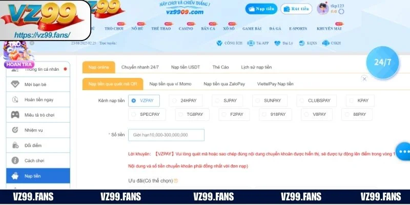 Có thể nạp tiền VZ99 nhanh chóng qua 4 phương thức
