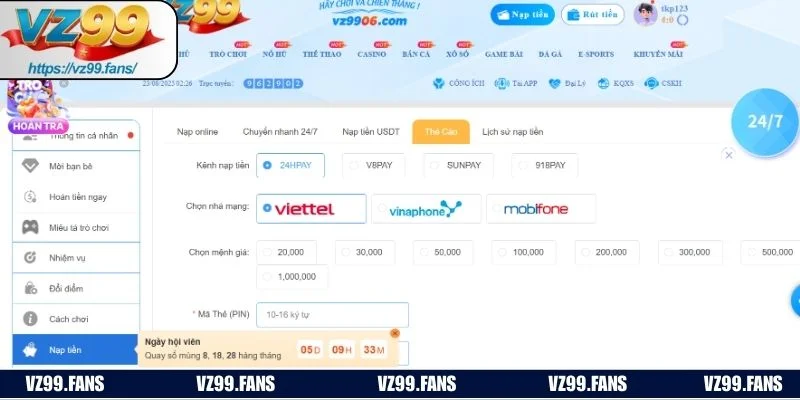 Newbie cần nắm được hạn mức nạp tiền VZ99 cho từng phương thức